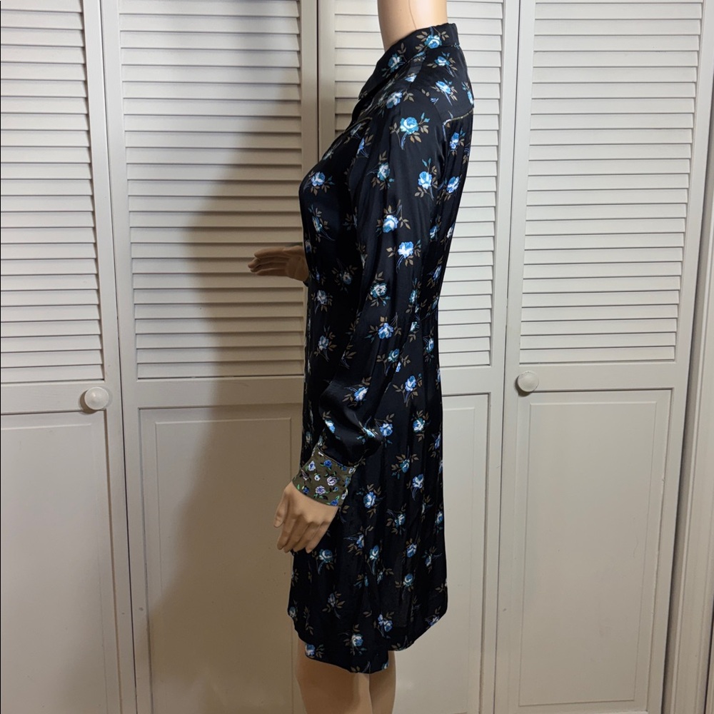 Sandro Black Long-Sleeves Floral Shirt Dress with Blue Rose Print Size 4 - Picture 13 of 16